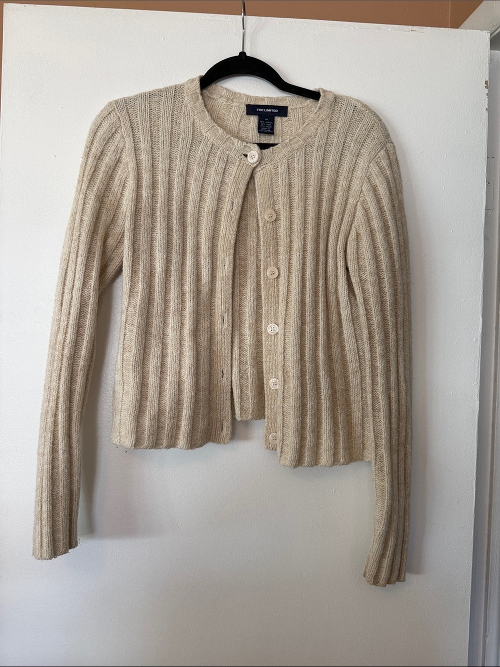 The Limited Beige/Cream Ribbed Wool Button-Up Cardigan